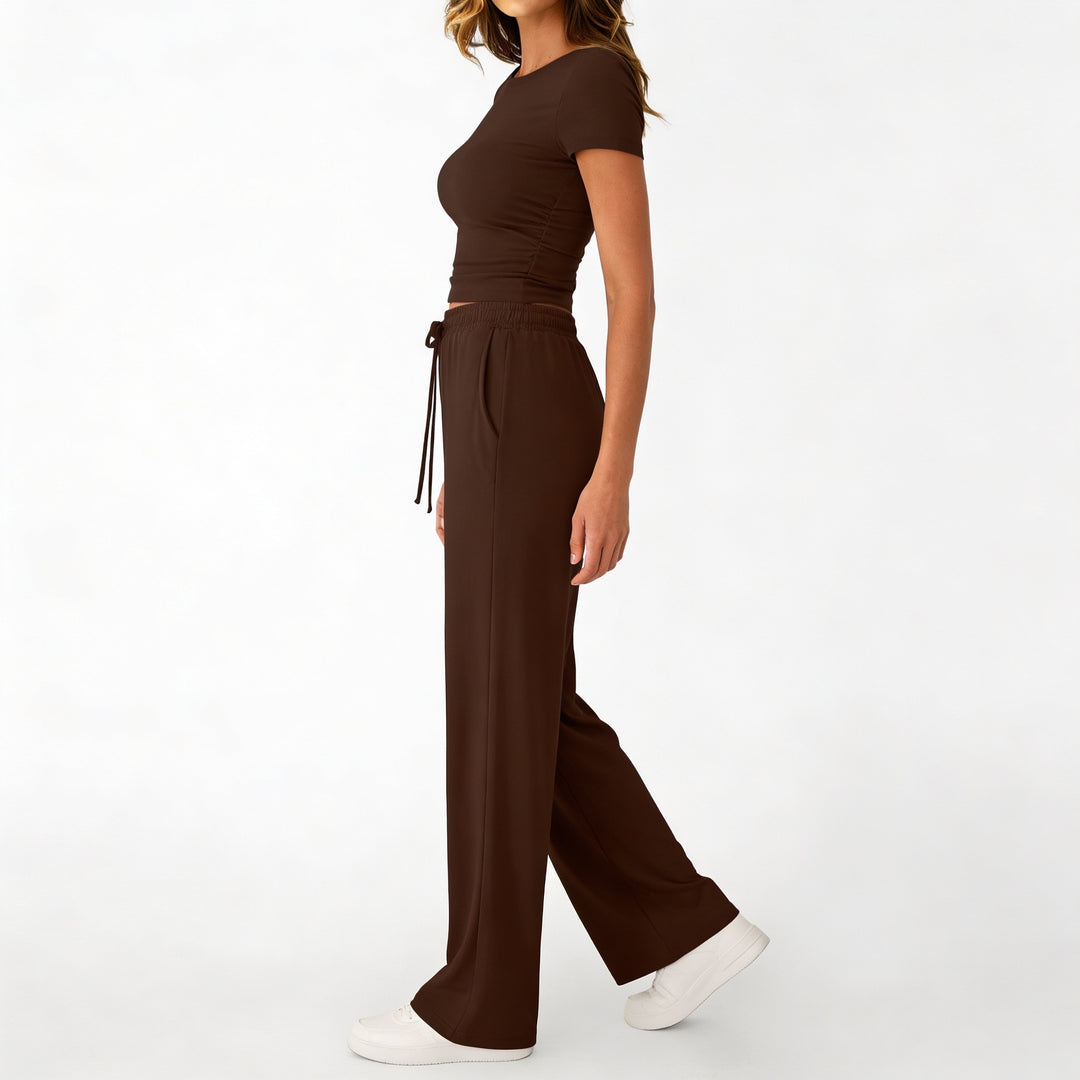 Women’s Short Sleeve Crop Top and Drawstring Pants Two Piece Lounge Set-Vyana Collective