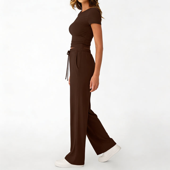 Women’s Short Sleeve Crop Top and Drawstring Pants Two Piece Lounge Set-Vyana Collective