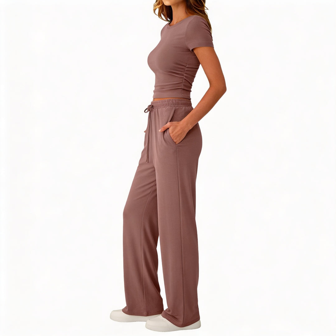 Women’s Short Sleeve Crop Top and Drawstring Pants Two Piece Lounge Set-Vyana Collective