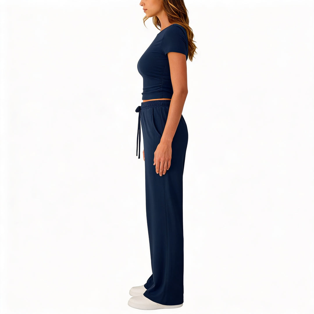 Women’s Short Sleeve Crop Top and Drawstring Pants Two Piece Lounge Set-Vyana Collective