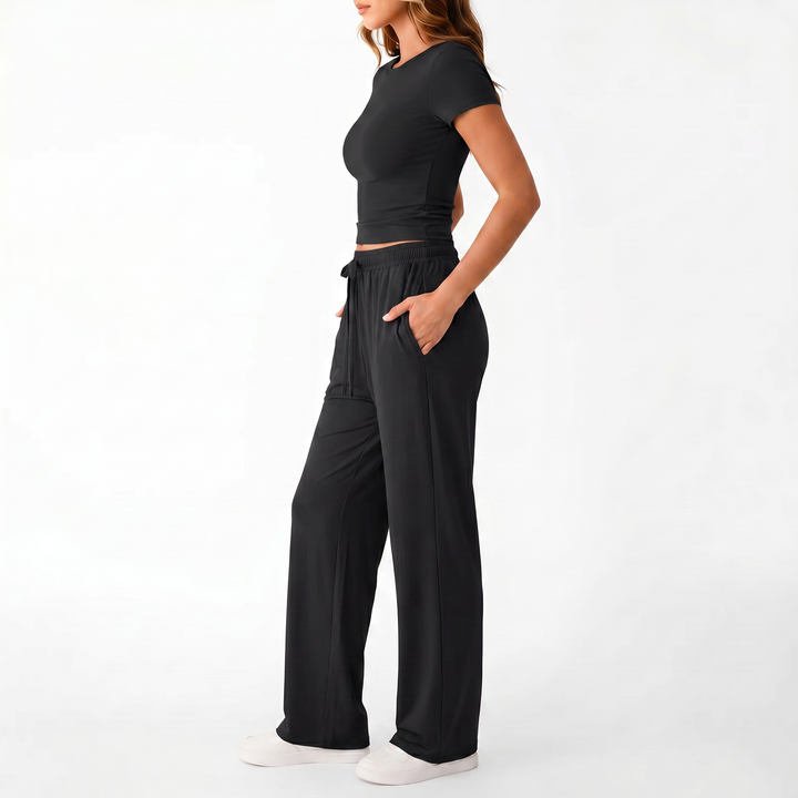 Women’s Short Sleeve Crop Top and Drawstring Pants Two Piece Lounge Set-Vyana Collective
