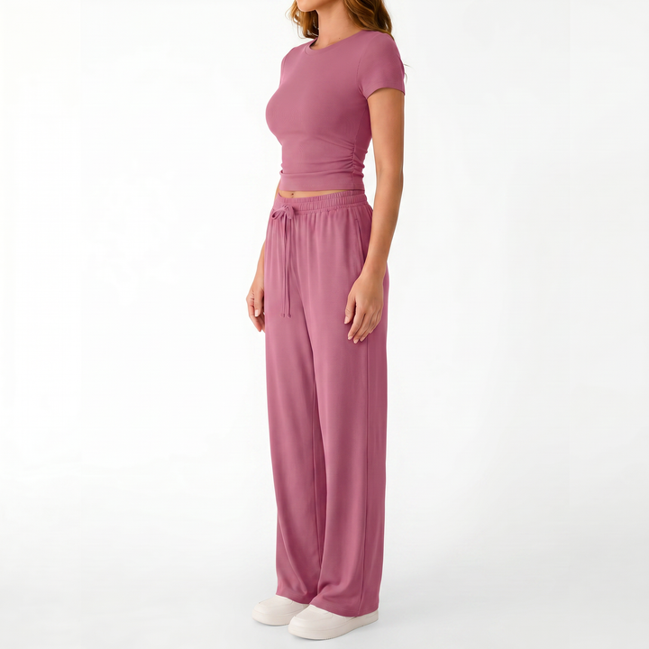 Women’s Short Sleeve Crop Top and Drawstring Pants Two Piece Lounge Set-Vyana Collective