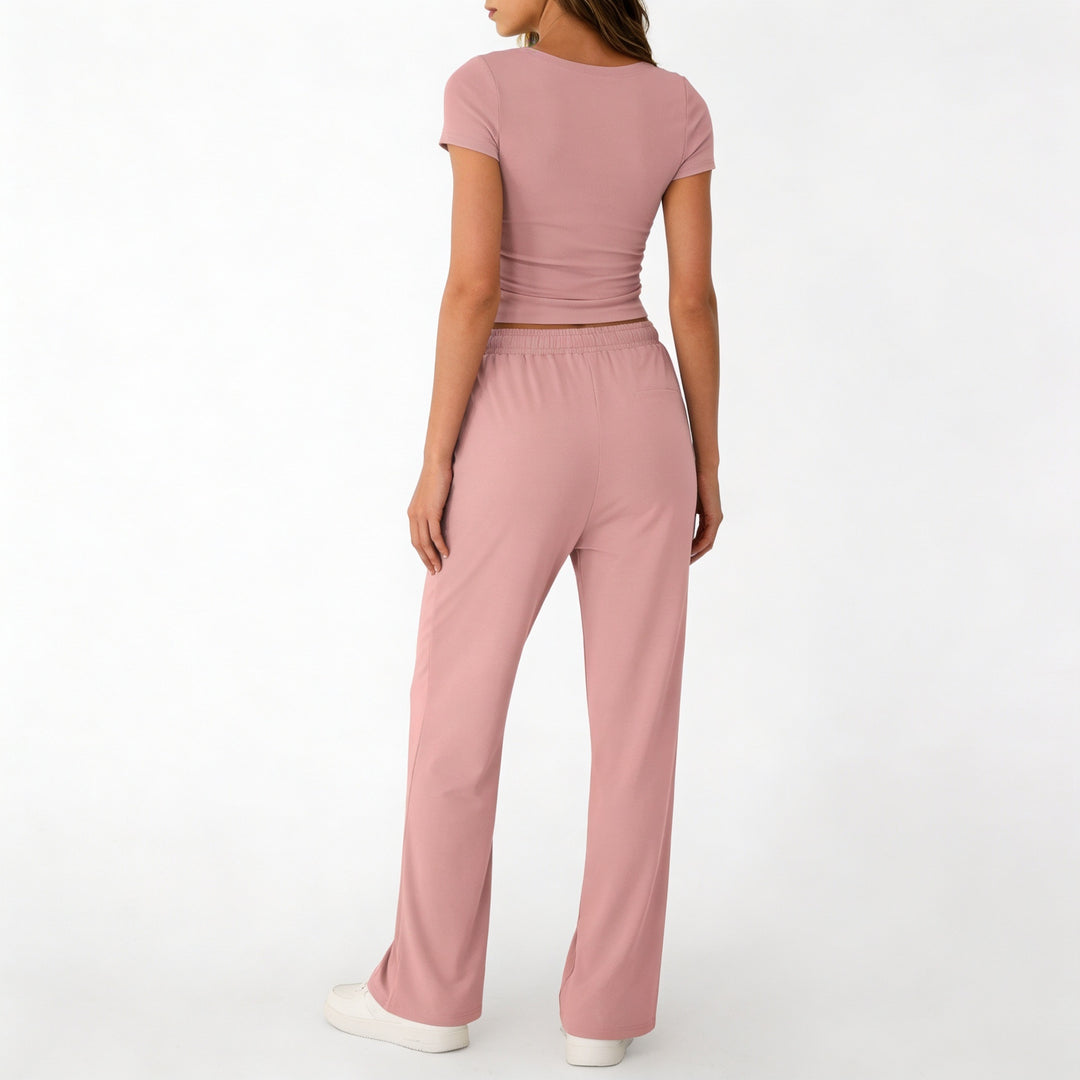 Women’s Short Sleeve Crop Top and Drawstring Pants Two Piece Lounge Set-Vyana Collective