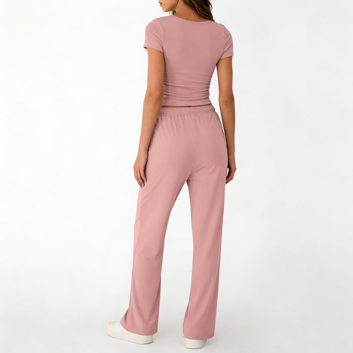 Women’s Short Sleeve Crop Top and Drawstring Pants Two Piece Lounge Set-Vyana Collective