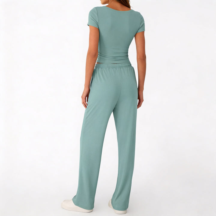 Women’s Short Sleeve Crop Top and Drawstring Pants Two Piece Lounge Set-Vyana Collective