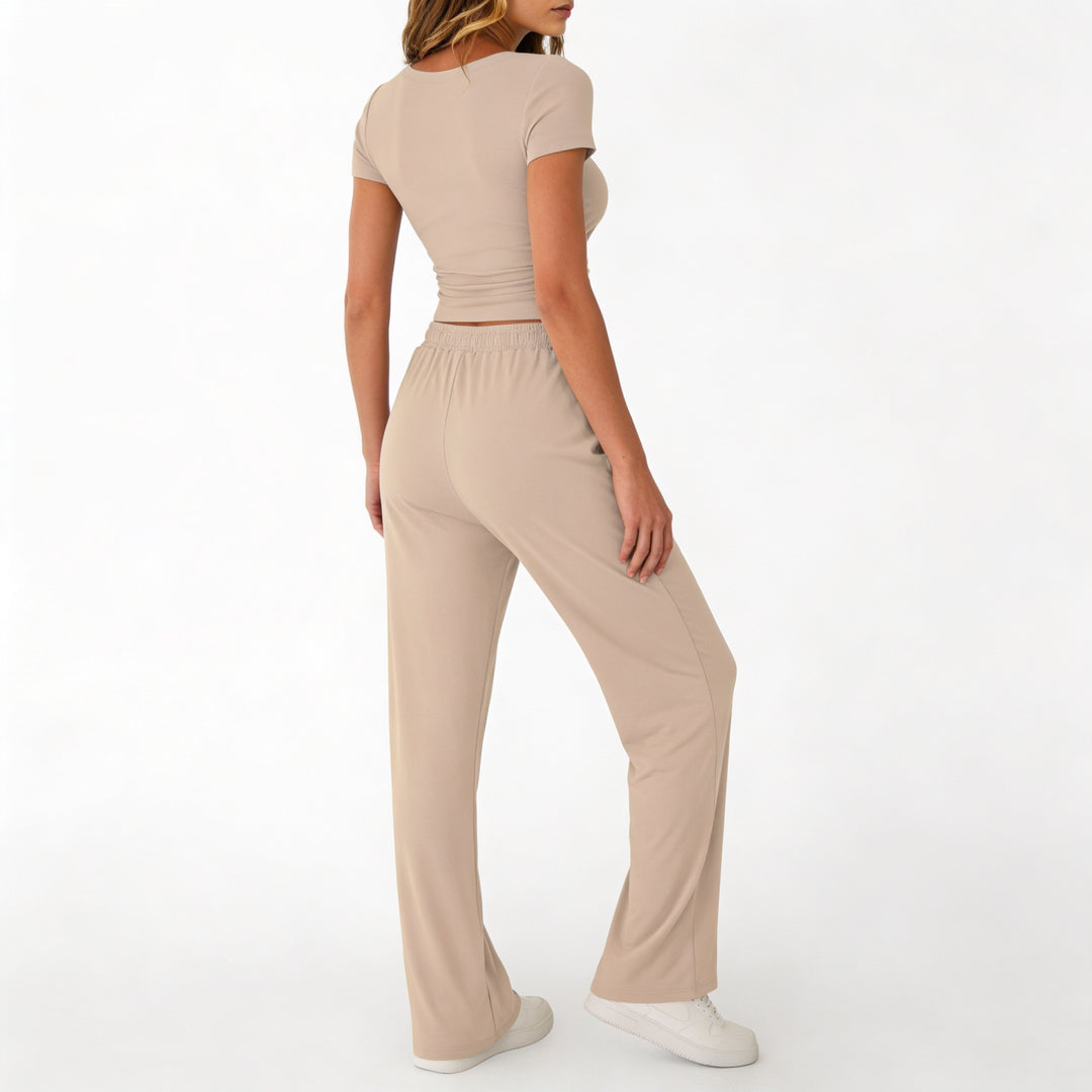 Women’s Short Sleeve Crop Top and Drawstring Pants Two Piece Lounge Set-Vyana Collective
