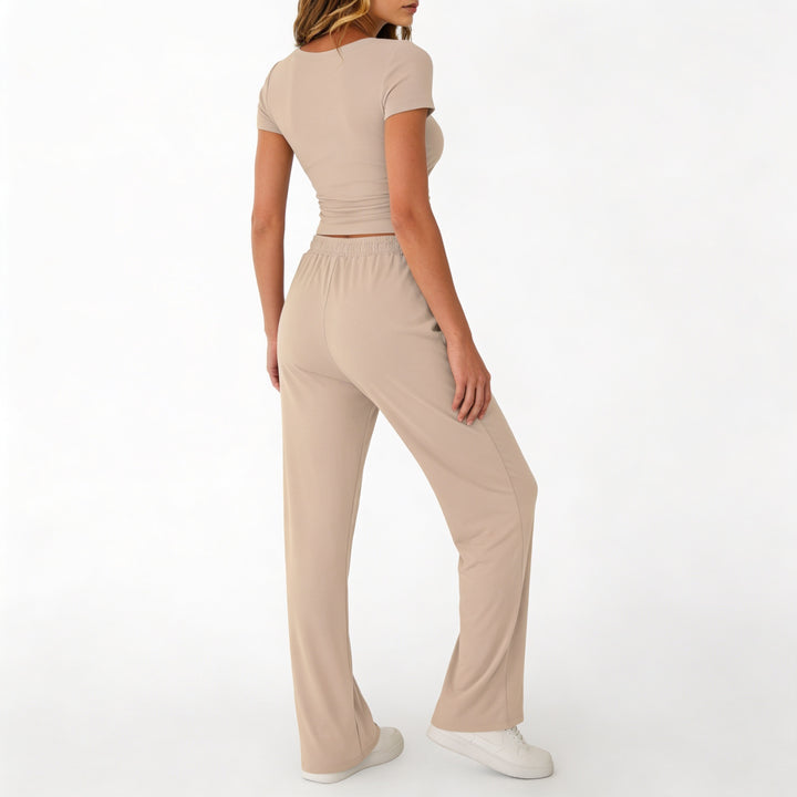Women’s Short Sleeve Crop Top and Drawstring Pants Two Piece Lounge Set-Vyana Collective