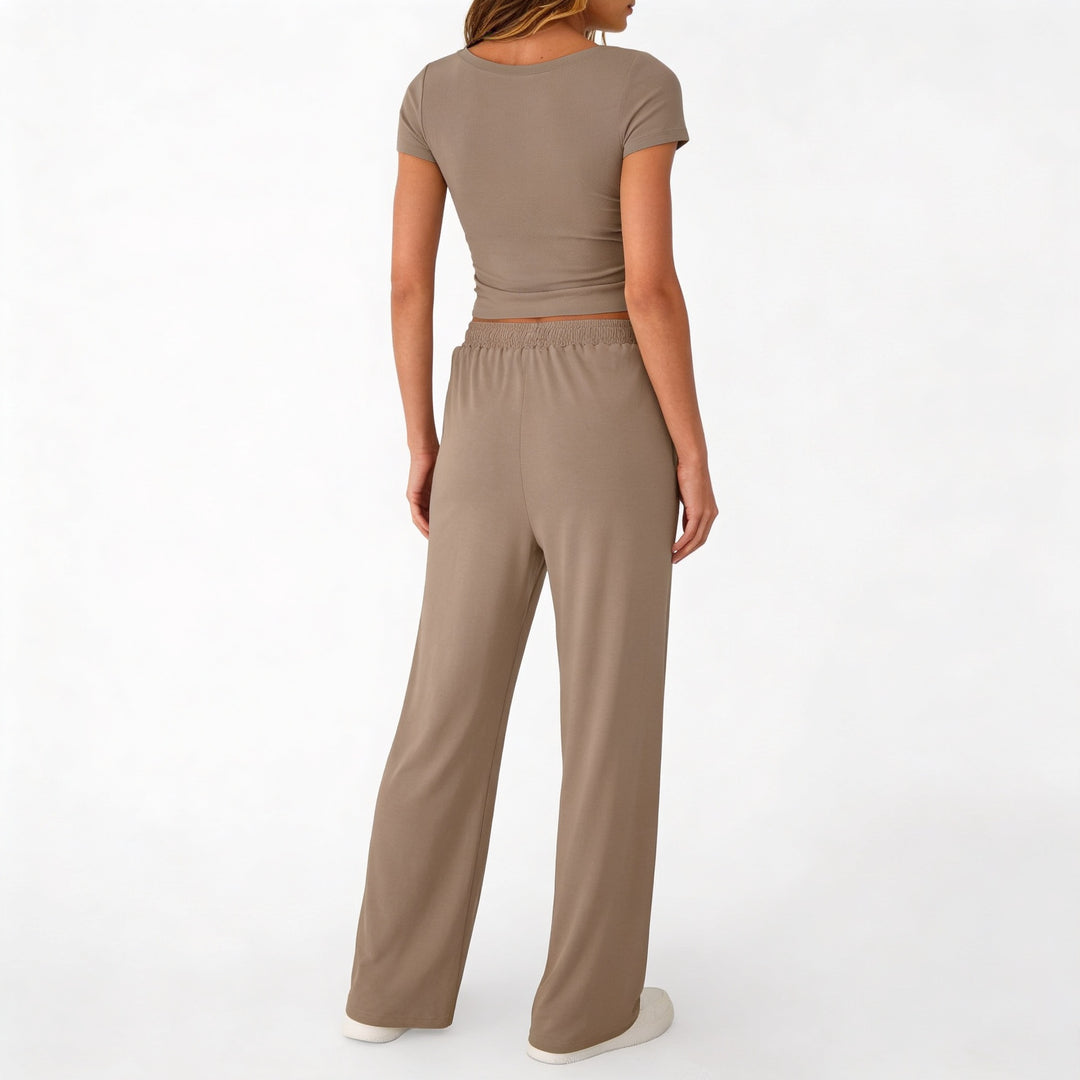 Women’s Short Sleeve Crop Top and Drawstring Pants Two Piece Lounge Set-Vyana Collective