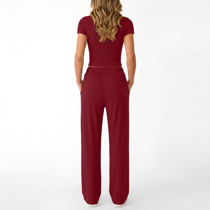 Women’s Short Sleeve Crop Top and Drawstring Pants Two Piece Lounge Set-Vyana Collective