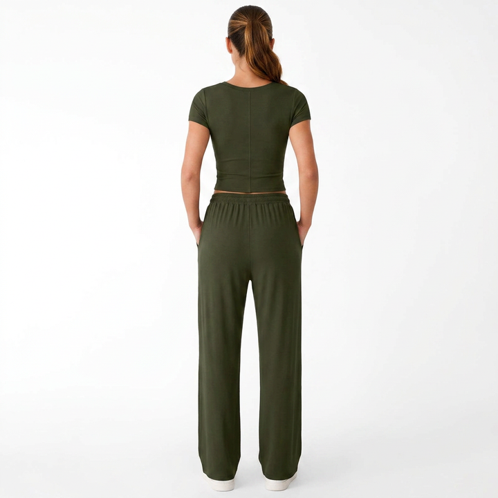 Women’s Short Sleeve Crop Top and Drawstring Pants Two Piece Lounge Set-Vyana Collective