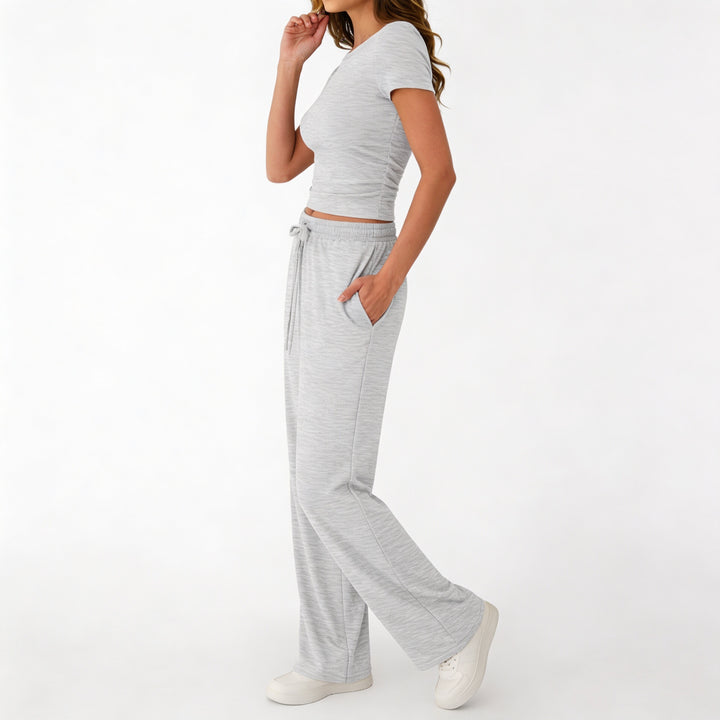 Women’s Short Sleeve Crop Top and Drawstring Pants Two Piece Lounge Set-Vyana Collective