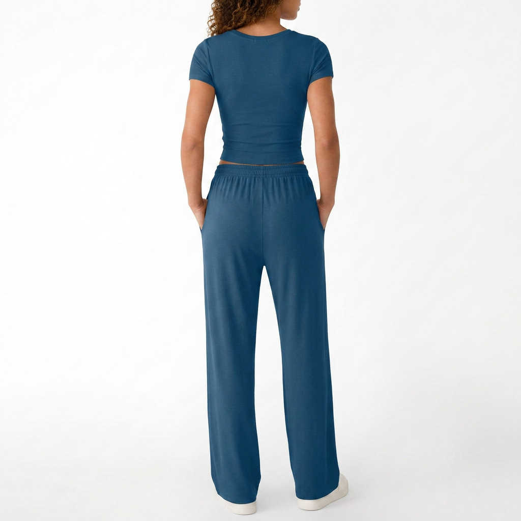 Women’s Short Sleeve Crop Top and Drawstring Pants Two Piece Lounge Set-Vyana Collective