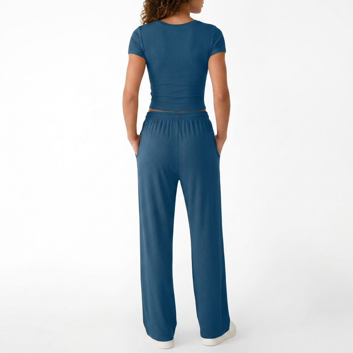 Women’s Short Sleeve Crop Top and Drawstring Pants Two Piece Lounge Set-Vyana Collective