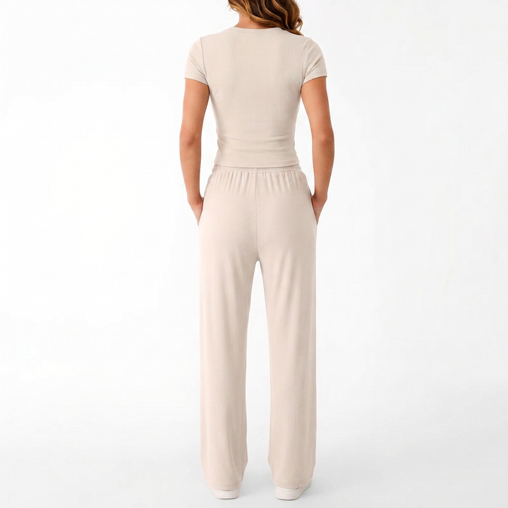 Women’s Short Sleeve Crop Top and Drawstring Pants Two Piece Lounge Set-Vyana Collective