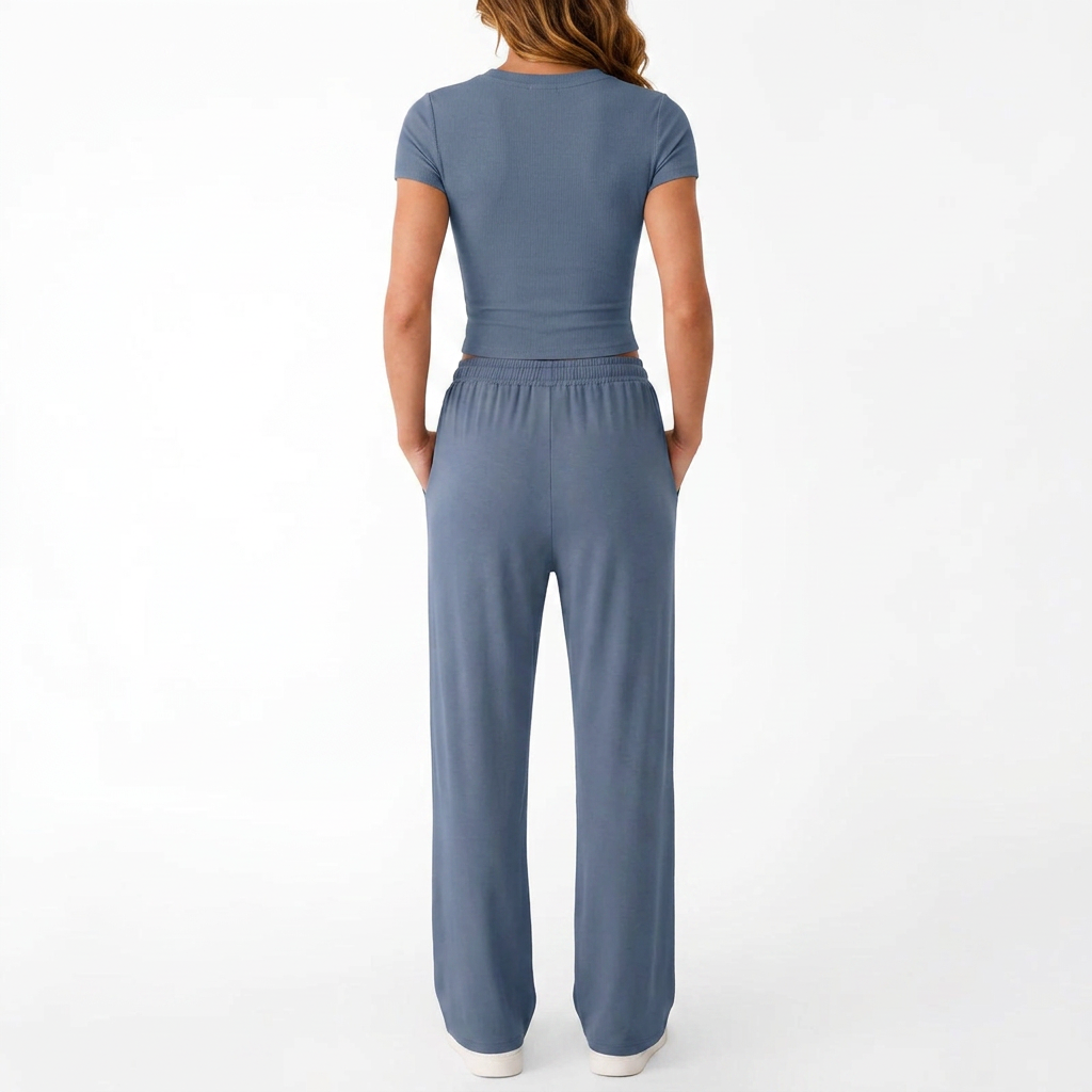 Women’s Short Sleeve Crop Top and Drawstring Pants Two Piece Lounge Set-Vyana Collective