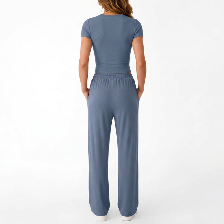 Women’s Short Sleeve Crop Top and Drawstring Pants Two Piece Lounge Set-Vyana Collective