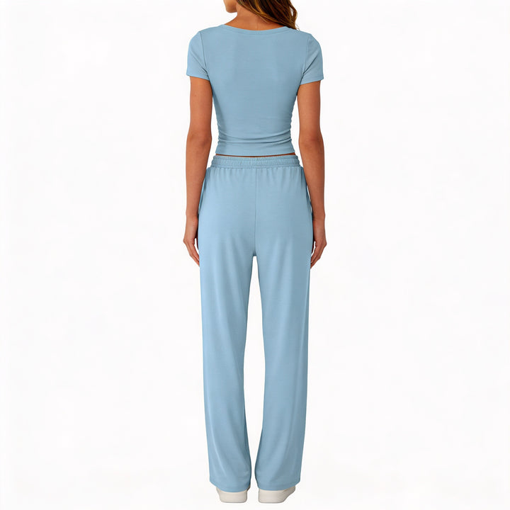 Women’s Short Sleeve Crop Top and Drawstring Pants Two Piece Lounge Set-Vyana Collective
