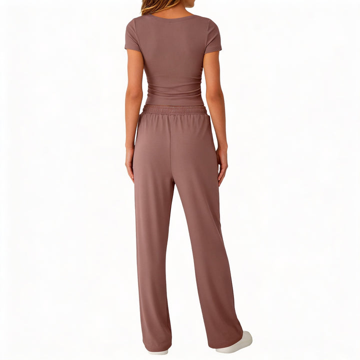 Women’s Short Sleeve Crop Top and Drawstring Pants Two Piece Lounge Set-Vyana Collective