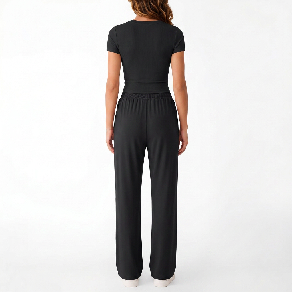 Women’s Short Sleeve Crop Top and Drawstring Pants Two Piece Lounge Set-Vyana Collective
