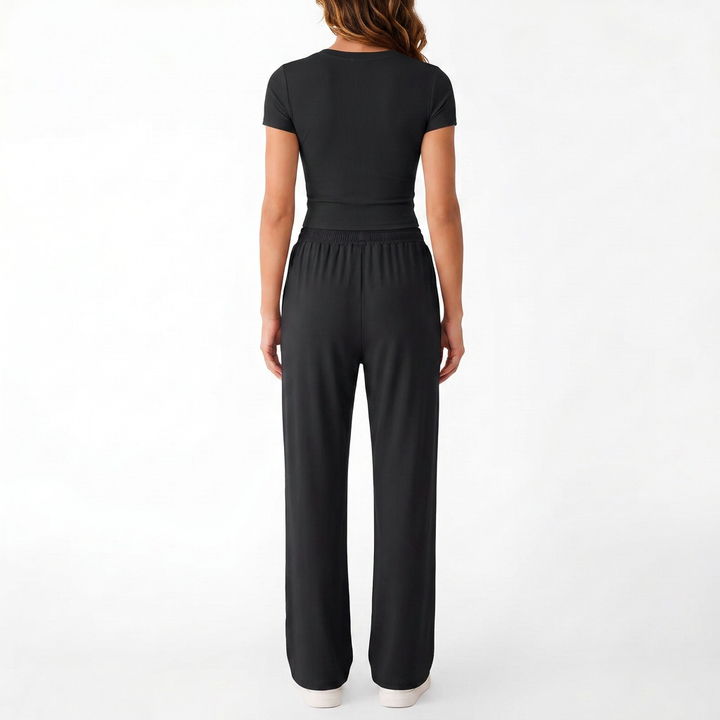 Women’s Short Sleeve Crop Top and Drawstring Pants Two Piece Lounge Set-Vyana Collective
