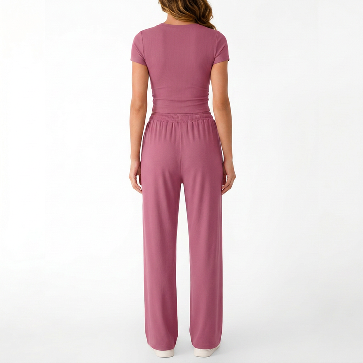 Women’s Short Sleeve Crop Top and Drawstring Pants Two Piece Lounge Set-Vyana Collective