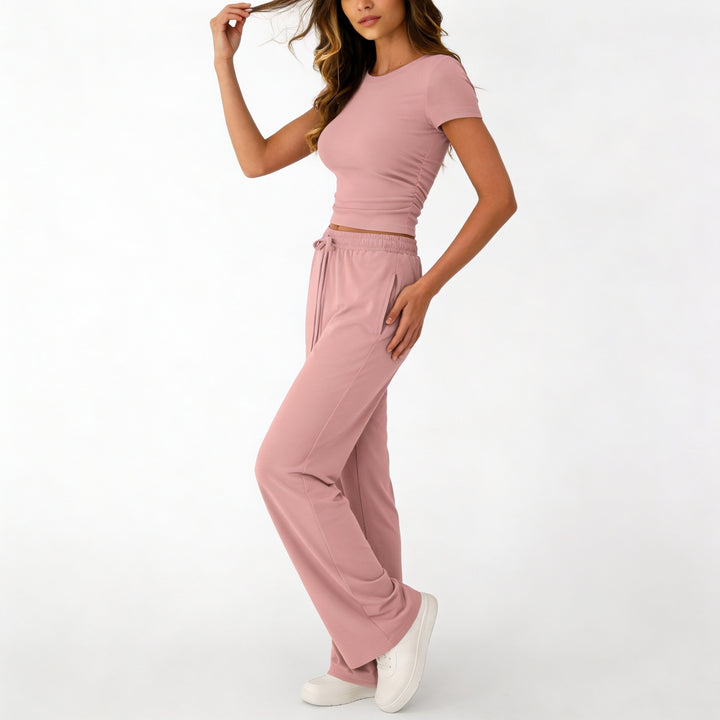 Women’s Short Sleeve Crop Top and Drawstring Pants Two Piece Lounge Set-Vyana Collective