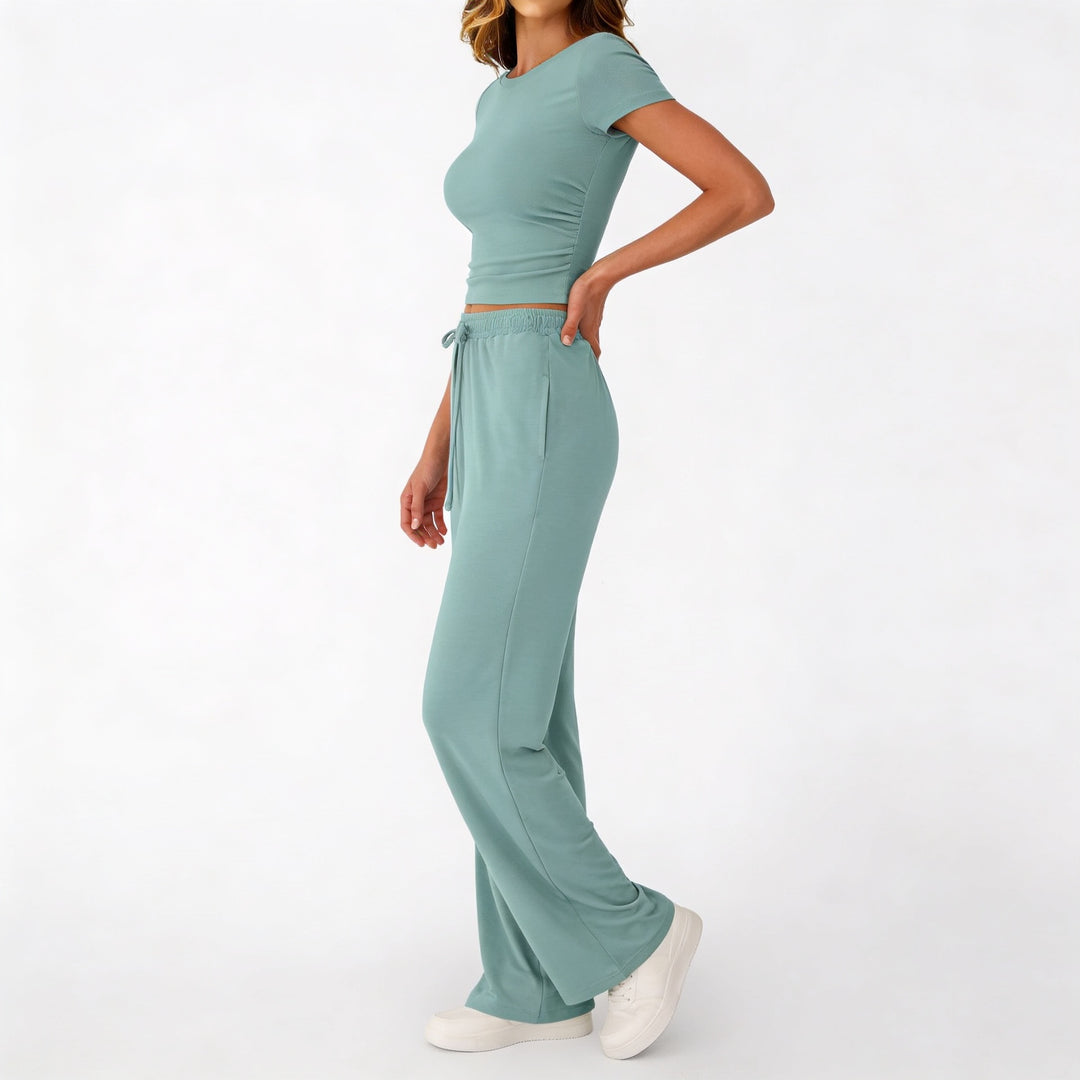 Women’s Short Sleeve Crop Top and Drawstring Pants Two Piece Lounge Set-Vyana Collective