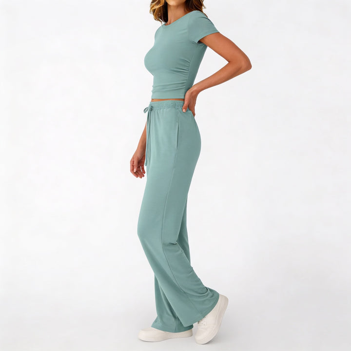 Women’s Short Sleeve Crop Top and Drawstring Pants Two Piece Lounge Set-Vyana Collective