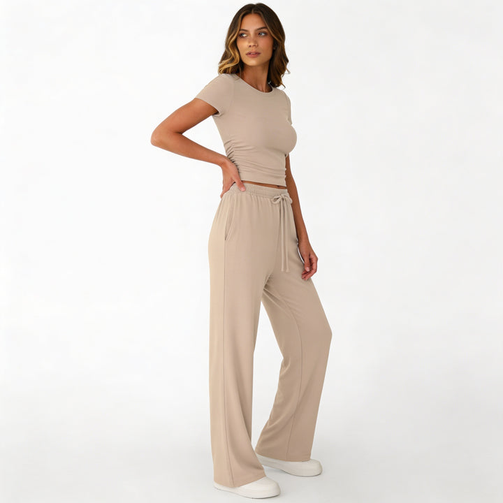 Women’s Short Sleeve Crop Top and Drawstring Pants Two Piece Lounge Set-Vyana Collective