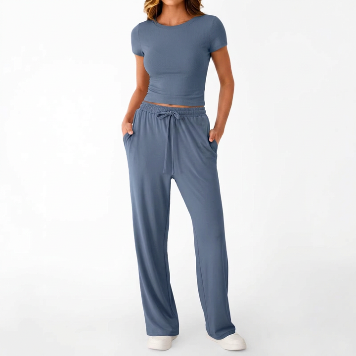 Women’s Short Sleeve Crop Top and Drawstring Pants Two Piece Lounge Set-Vyana Collective
