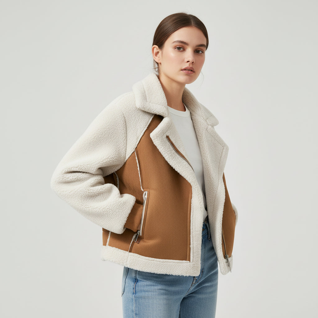 Women’s Short Suede-Style Motorcycle Jacket-Vyana Collective