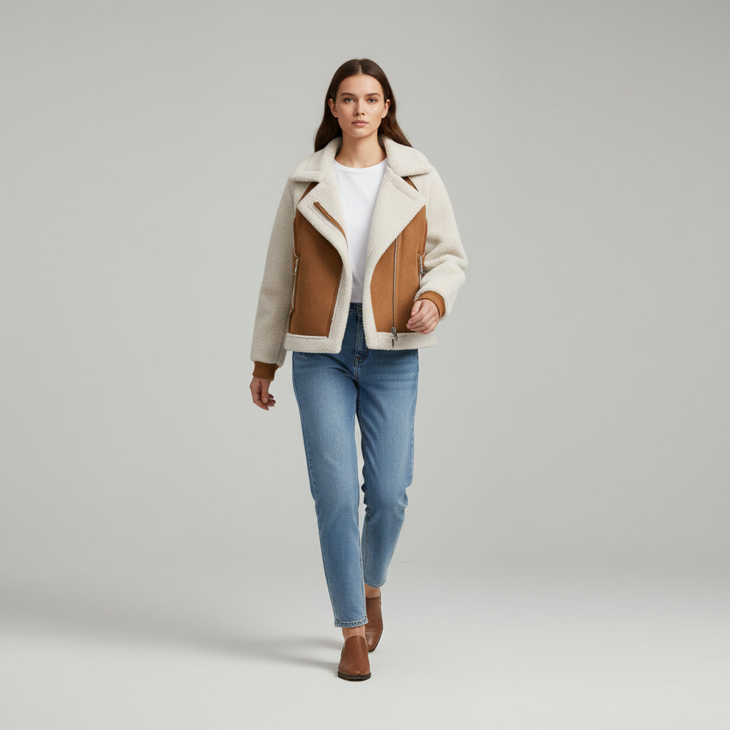 Women’s Short Suede-Style Motorcycle Jacket-Vyana Collective