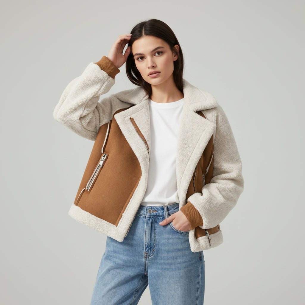 Women’s Short Suede-Style Motorcycle Jacket-Vyana Collective