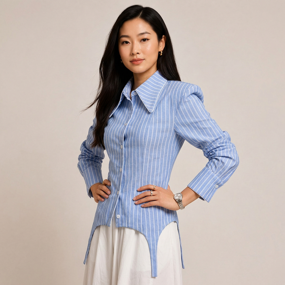 Women’s Sky Blue Striped Structured Shoulder Shirt-Vyana Collective