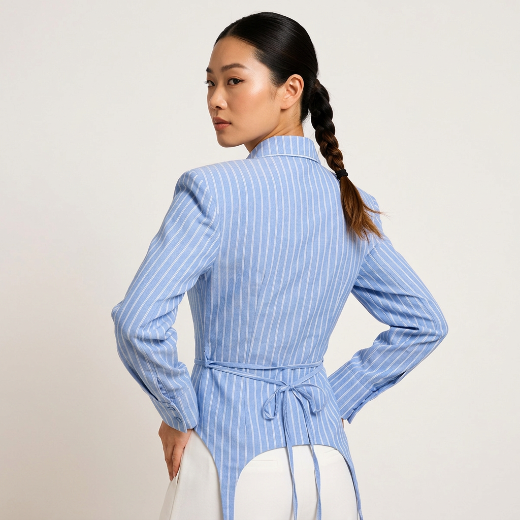 Women’s Sky Blue Striped Structured Shoulder Shirt-Vyana Collective