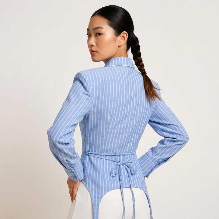 Women’s Sky Blue Striped Structured Shoulder Shirt-Vyana Collective