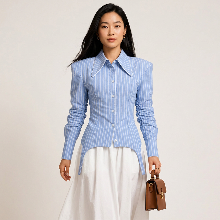 Women’s Sky Blue Striped Structured Shoulder Shirt-Vyana Collective