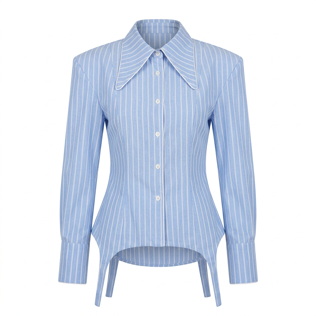 Women’s Sky Blue Striped Structured Shoulder Shirt-Vyana Collective