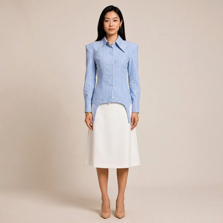 Women’s Sky Blue Striped Structured Shoulder Shirt-Vyana Collective