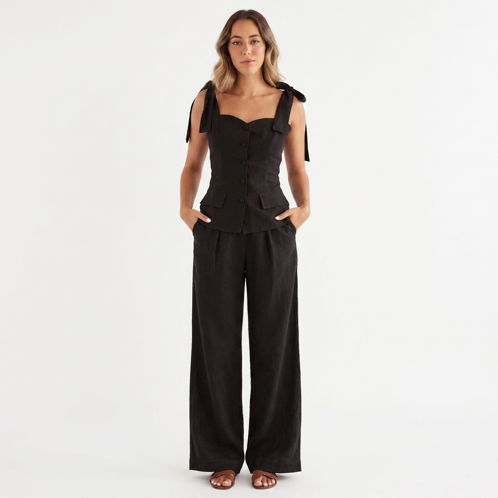 Women’s Sleeveless Tie Strap Vest Top and Wide Leg Pants Two Piece Set-Vyana Collective