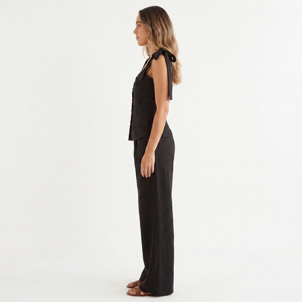 Women’s Sleeveless Tie Strap Vest Top and Wide Leg Pants Two Piece Set-Vyana Collective