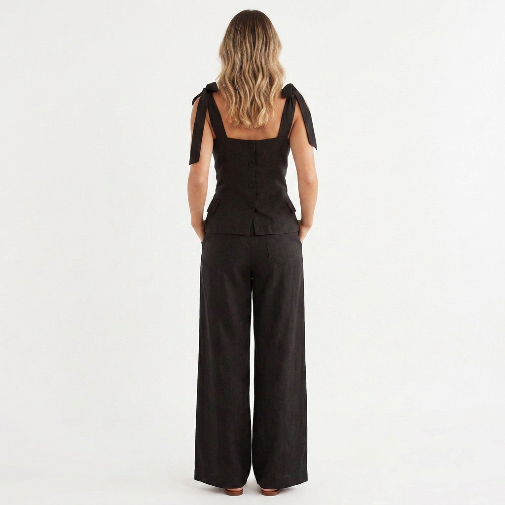 Women’s Sleeveless Tie Strap Vest Top and Wide Leg Pants Two Piece Set-Vyana Collective