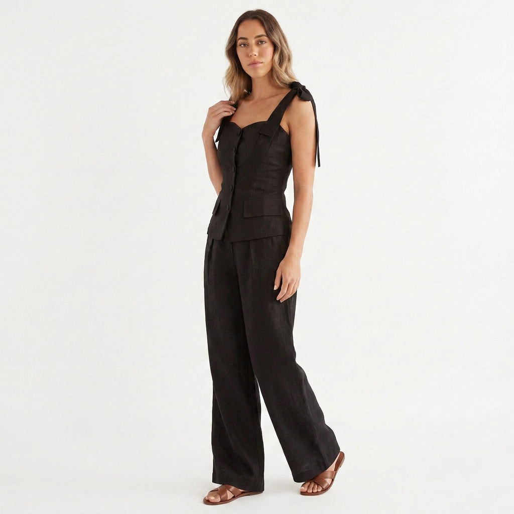 Women’s Sleeveless Tie Strap Vest Top and Wide Leg Pants Two Piece Set-Vyana Collective