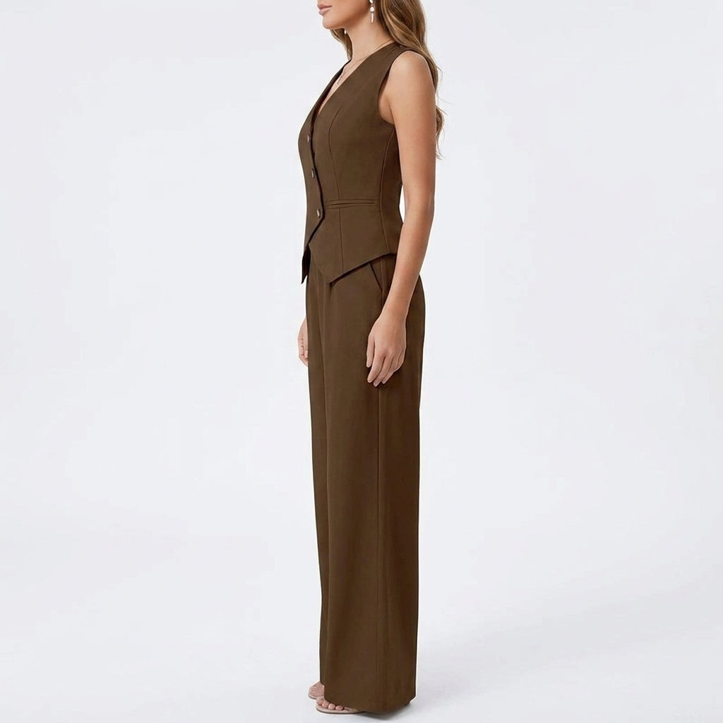 Women’s Sleeveless Vest Top and Wide Leg Pants Two Piece Set-Vyana Collective
