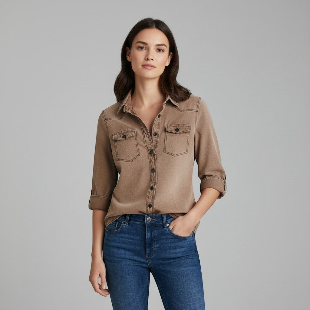 Women's Slim Fit Button-Up Utility Shirt-Vyana Collective