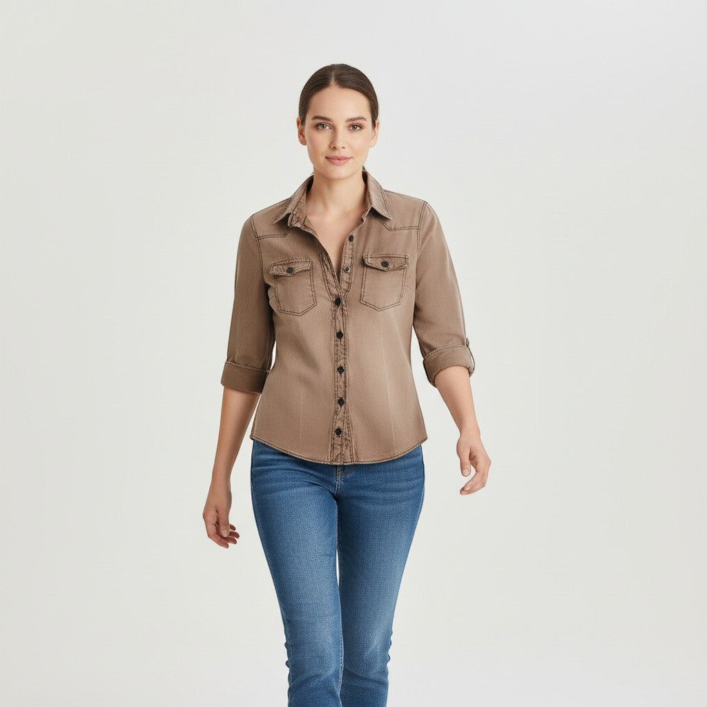 Women's Slim Fit Button-Up Utility Shirt-Vyana Collective