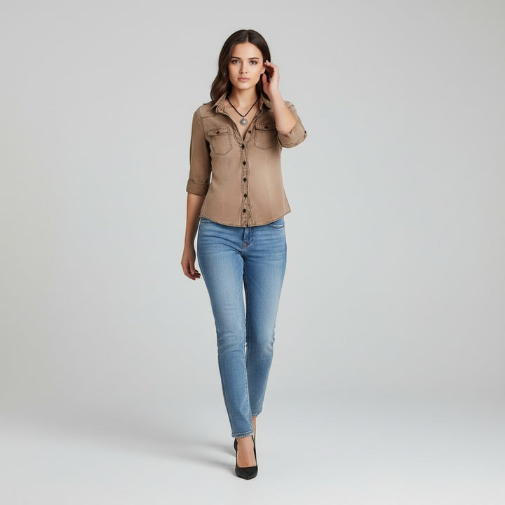 Women's Slim Fit Button-Up Utility Shirt-Vyana Collective