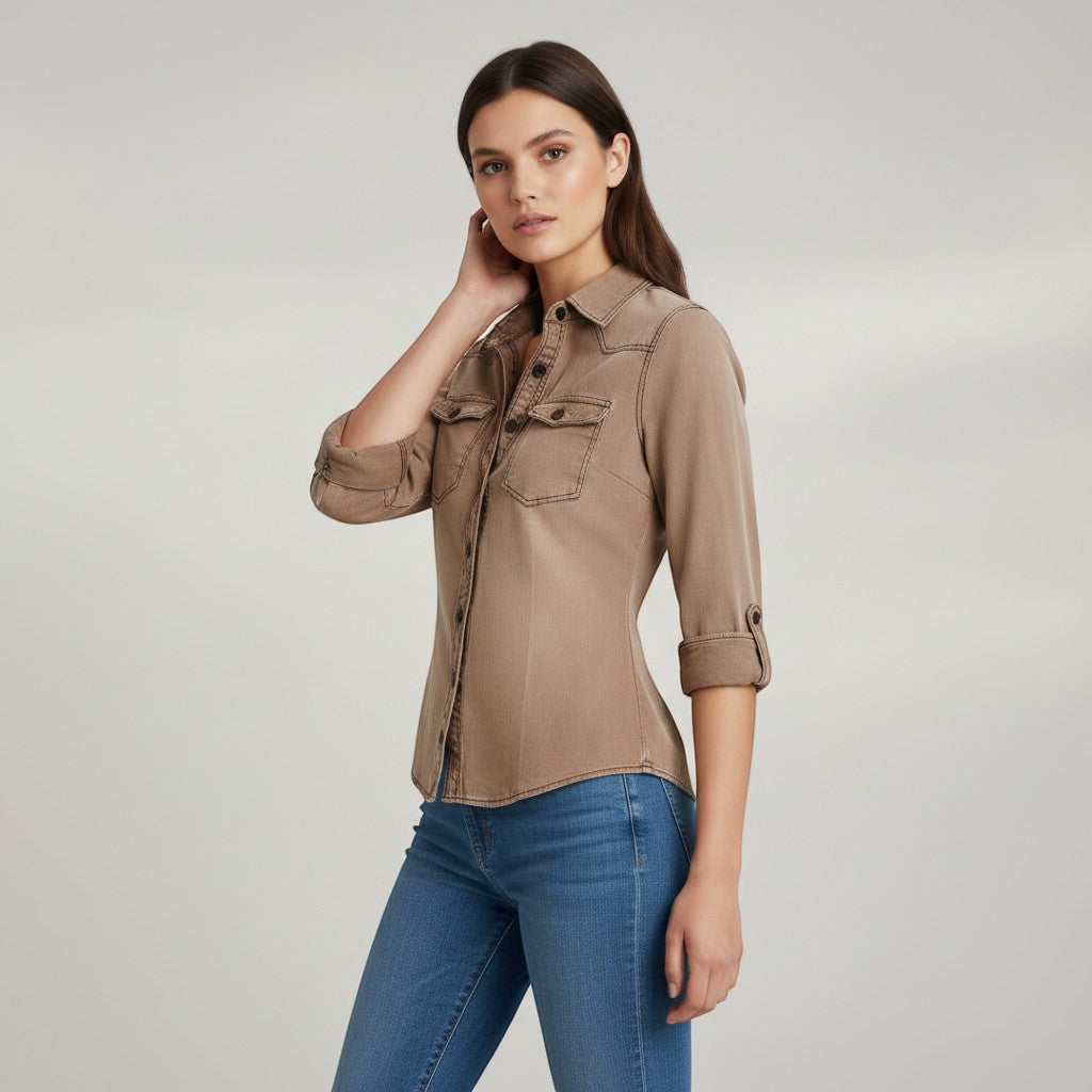 Women's Slim Fit Button-Up Utility Shirt-Vyana Collective