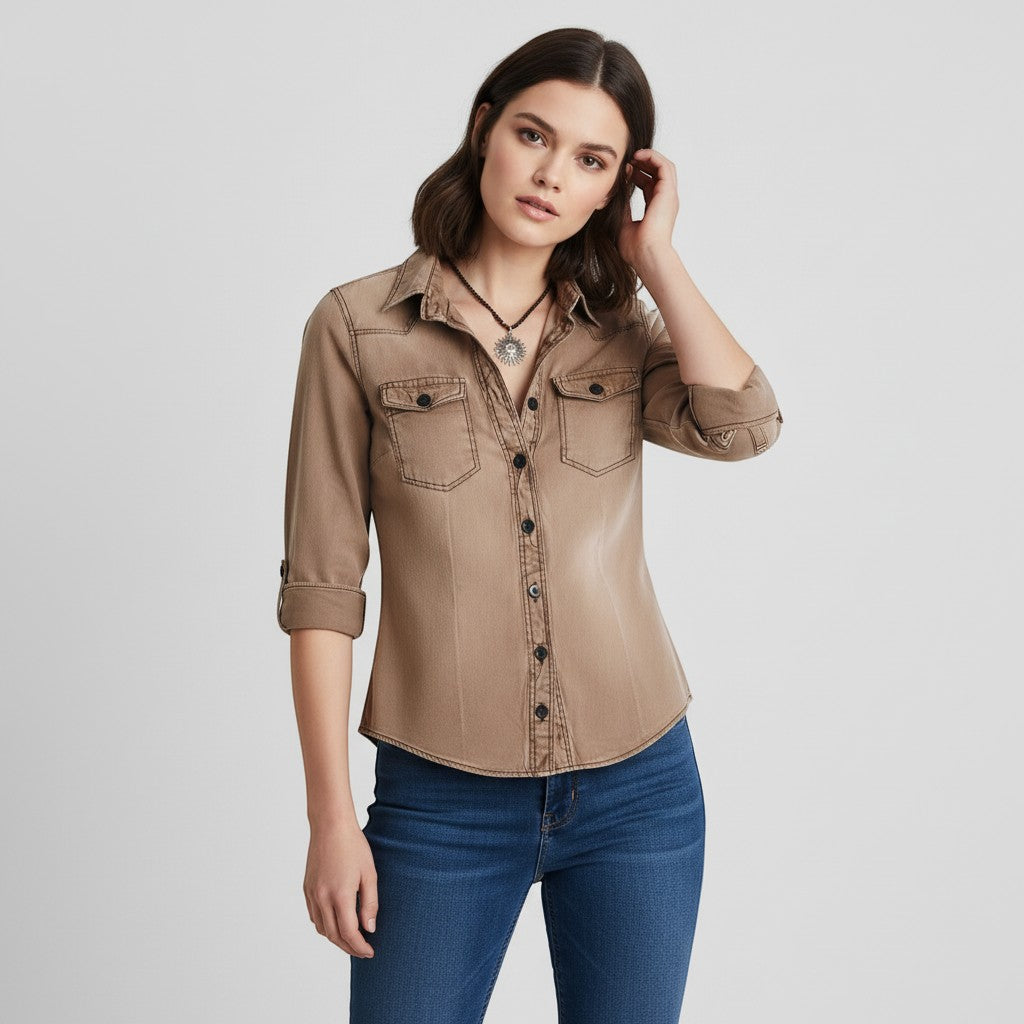 Women's Slim Fit Button-Up Utility Shirt-Vyana Collective
