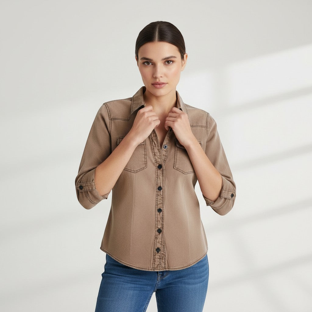 Women's Slim Fit Button-Up Utility Shirt-Vyana Collective